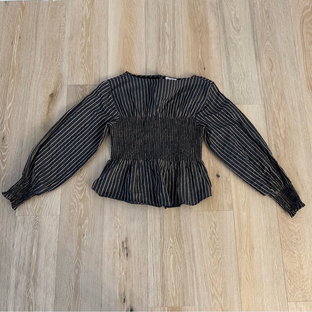 CINQ A SEPT Women’s Houston Striped Smocked Peplum Top. Graphite/Dk Salmon sz S